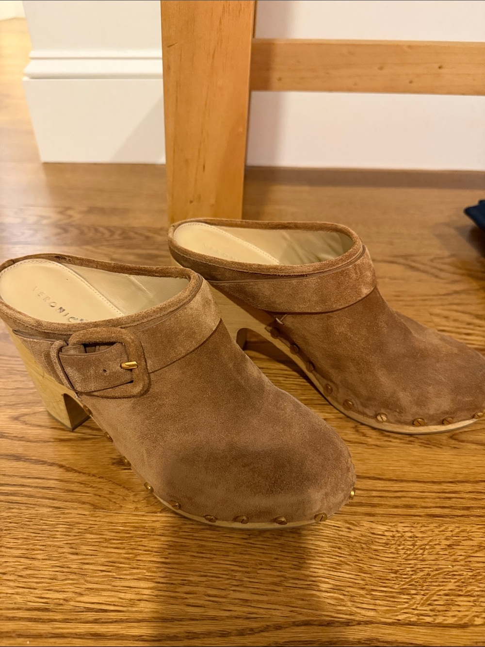 Veronica Beard clogs. Taupe Suede Clog Mules with Buckle